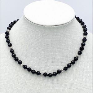 Black Onyx & Sterling Silver Beaded Necklace Hand Knotted Vintage
